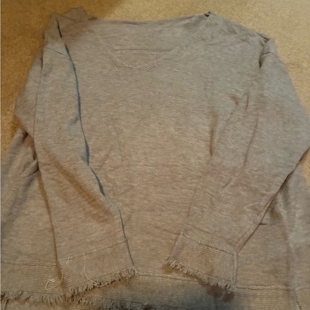 SHEIN Light Gray Frayed V-Neck Sweater